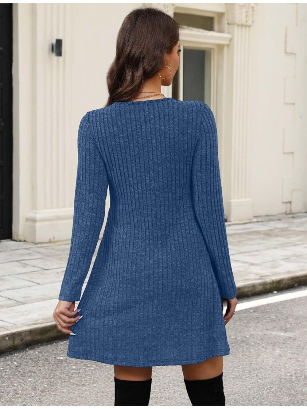 Women's Blue Neck Empire Waist Baby Doll Long Casual with Pocket Mini Dress - Picture 5 of 5